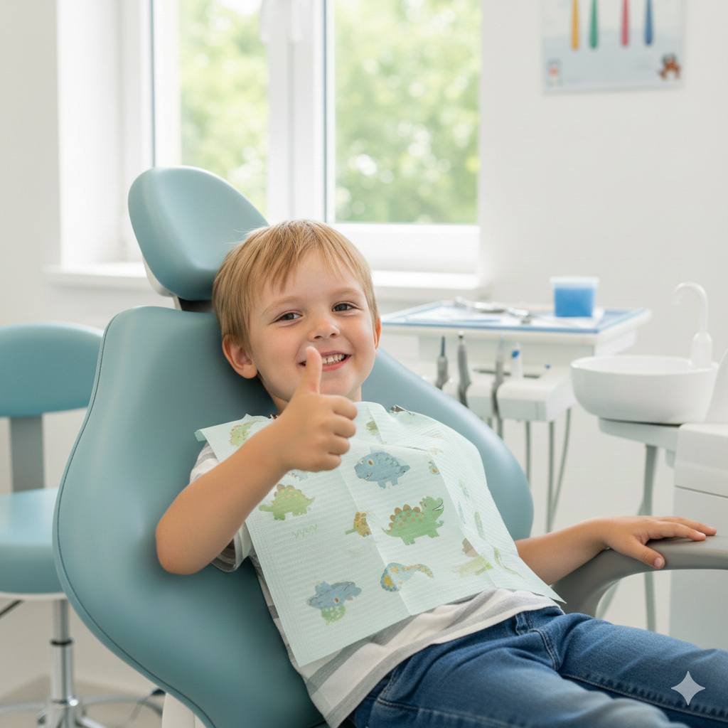 child sitting in dental chair with thumbs up