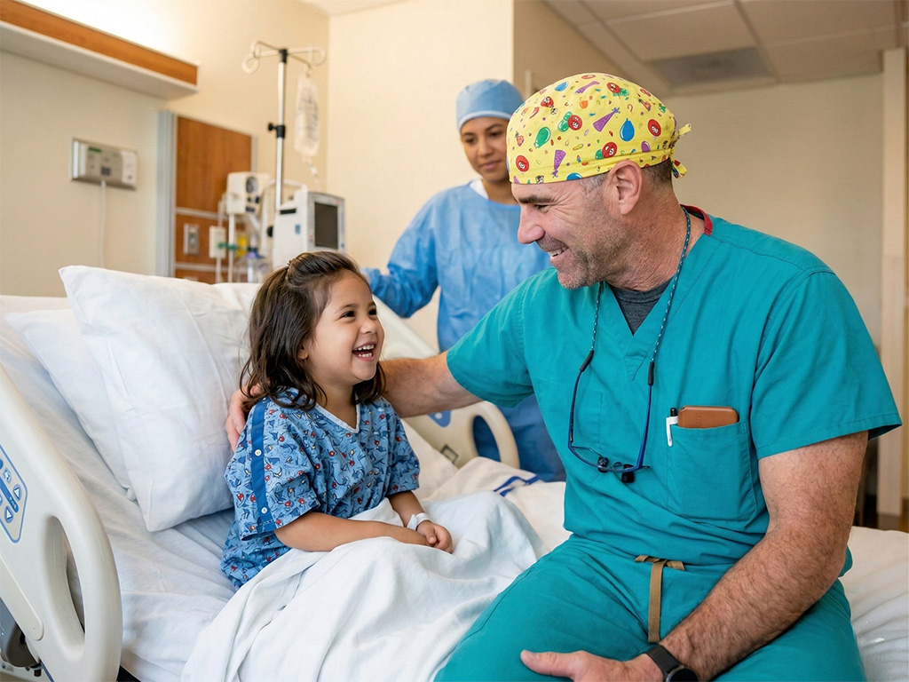 Dr. Bellig Sitting with smiling child