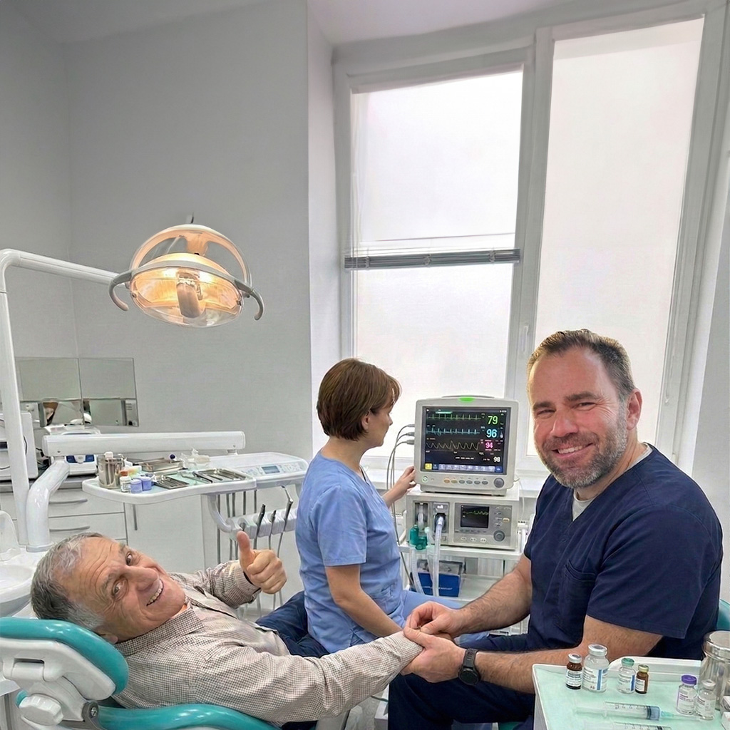 Dr. Bellig in dental office with adult patient undergoing mobile anesthesia service
